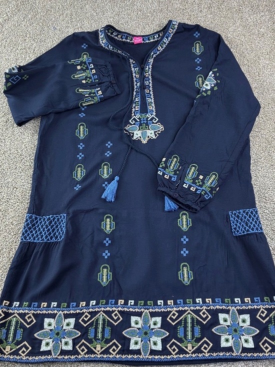 Raj Dresses & Skirts - Raj Womens Navy Blue Embroidered Boho Tunic Dress Long Sleeve Tassel Size Large